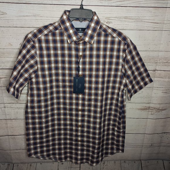 HART SCHAFFNER MARX MEN'S BROWN MULTI COLORED S/S SHIRT NEW BS